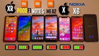 BATTERY DRAIN TEST! IPHONE XR, IPHONE X, POCOPHONE F1, XIAOMI REDMI NOTE 5, XIAOM MI A2, NOKIA X6