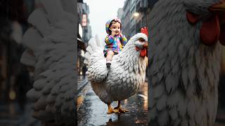 Adorable Baby Riding A Giant White Chicken In The Rain