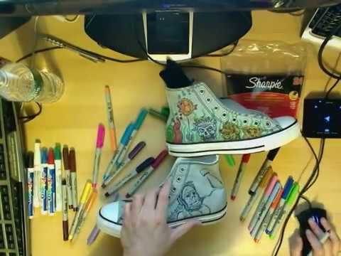 high tops drawing. Original art drawn with Sharpies on Converse All Star High Tops now known as