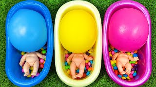 Rainbow Satisfying  l ASMR Mixing Candy & Skittles in Three Bathtubs Baloons wit