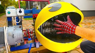 Real Life Pacman Shredding Machine Vs Spiderman