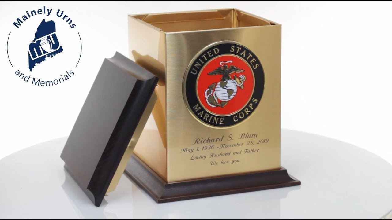 Marine Corps Color Emblem Sheet Bronze With Walnut Trim Snap-Top Cremation Urn