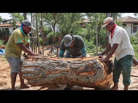 Memotong dan membelah kayu akasia penuh benjolan