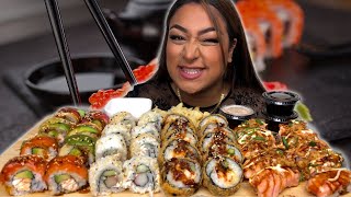 40 Piece Sushi Mukbang Rainbow Roll California Roll Crunchy Roll Salmon Aburi Nigiri