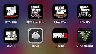 GTA:LCS,GTA Vice City,GTA:CTW,GTA:SA,GTA III,iFruit,Red Dead Redemption II,GTAV Manual