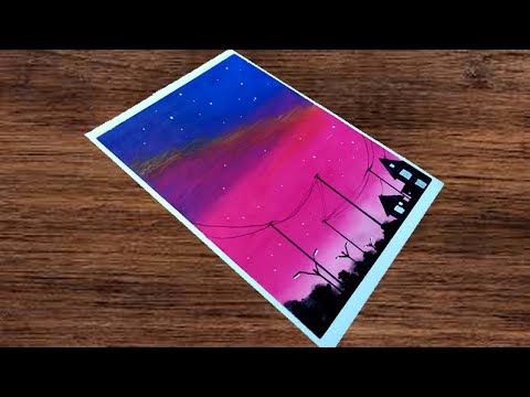 oil pastel drawing #17 / cara mudah menggambar pemandangan malam untuk pemula