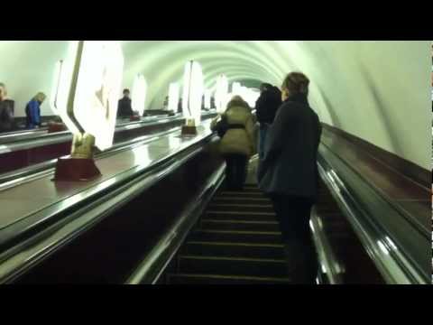 Ukrainian Metro long mechanical stairs