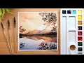 Beautiful watercolor painting sunset evening mountain step by step
