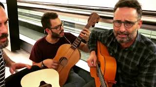 Jorge Drexler and his band play the WalkaBout drum at the airport