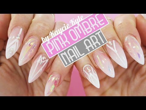 Pink White Ombre Acrylic with Shattered Glass Nail Art by Kaycie Kyle - YouTube