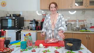 Marinade of meat for barbecue. Cooking show. Mila naturist.