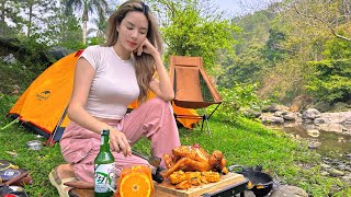 Solo Camping girl cook grilled chicken among the wildenrness - ASMR