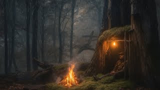 Solo Camping In Heavy Rain Bushcraft & Survival Secret Shelter Inside Hollow Oak Tree Asmr