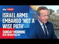 Lord Cameron: Israeli arms embargo 'not wise' - with US and UK 'in totally different situation'