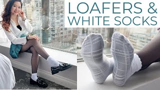 School Girl Pantyhose White Socks Layering In Black Loafers, Nylons Stockings Ti