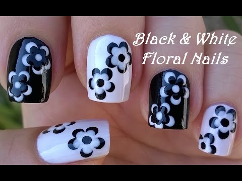 BLACK & WHITE FLORAL NAIL ART / LifeWorldWomen Collab Mimzie / Monochrome Nails - YouTube