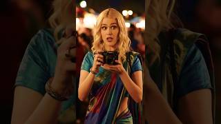 Blonde Girl In Saree With Camera Cultural Fusion Indian Festive Look 2025