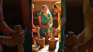Rajasthani Beautiful Women Grinding Masala Traditional Village Kitchen Work Desi Culture