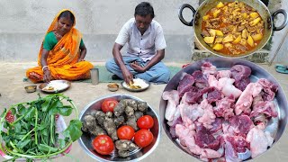 Mutton Curry Recipe And How To Cook Kochu With Pui Shak Mutton Cooking By Tribal Parents Village