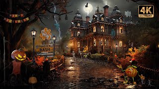 Monster Bash Halloween Party Ambience With Halloween Music, Spooky Sounds, Rain & Thunder 4K