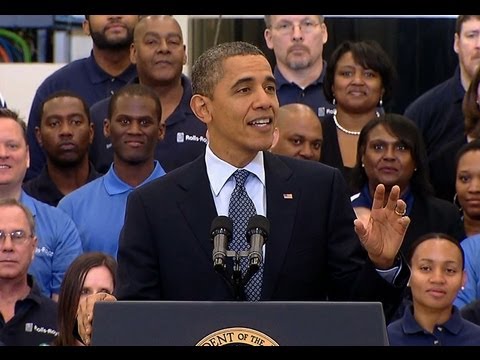 President Obama speaks at a RollsRoyce jet engine manufacturing plant about