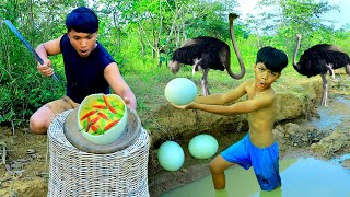 Jungle My Life Wild Children Pick Ostrich Egg Man Cook Ostrich Egg With Peppers & Garlic Leaves