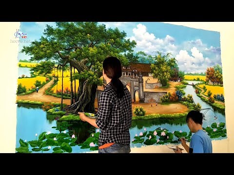 Vẽ tranh tường 3d phòng khách phong cảnh đồng quê. ĐT: 0969.033.288/Nhận dạy các khóa học vẽ tranh.
