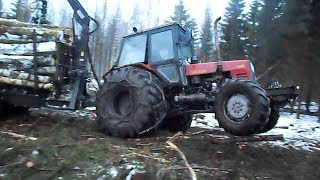 Belarus 1025 forestry tractor with homemade trailer logging in winter forest