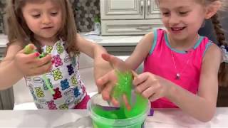 MIXING RANDOM LITTLE TOYS INTO GIANT NEON GREEN STORE BOUGHT SLIME! Karina and Katiusha will find 7