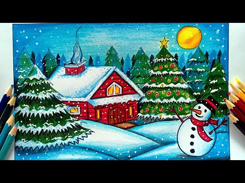 วาดภาพระบายสีวันคริสต์มาสด้วยสีไม้ How to draw Merry Christmas