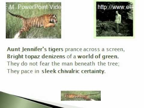 aunt jennifer s tigers by adrienne Adrienne rich's aunt jennifer's tigers, depicts a woman trapped within the cultural constraints and responsibilities of married life. aunt jennifer s tigers by adrienne Adrienne rich's aunt jennifer's tigers, depicts a woman trapped within the cultural constraints and responsibilities of married life.