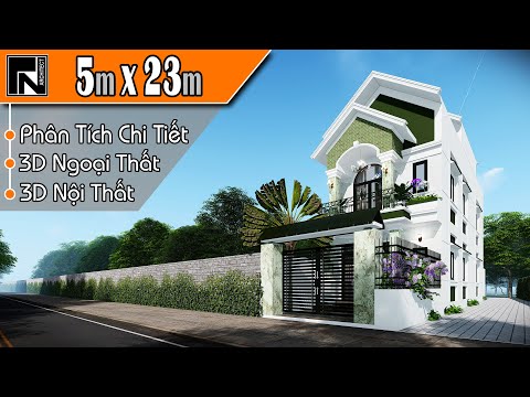 TNA124 - Mẫu nhà ống 2 tầng 1 tum đẹp mái thái 5x23m với 4 phòng ngủ | Kiến trúc TN