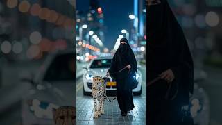 Women In Hijab Walking With Leopard Dubai Streets