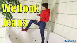 Wetlook Girl In Blue Skinny Jeans | Wetlook Red Hoodie | Wetlook Girl In The Bathroom