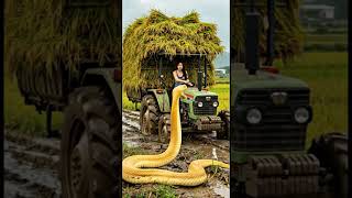 Amazing A Den Snake Hit A Beautiful Girl Drives A Tractor In Rice Field