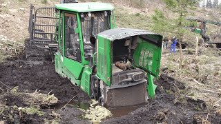 John Deere 1110E stuck deep in mud, saving with homemade forwarder