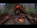 7 Days SOLO SURVIVAL CAMPING In RAIN, THUNDER - Building Warm BUSHCRAFT SHELTER - Lamb Cooking