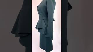 Scanlan Theodore, Green Wrap Tie Waist Peplum Flare L/Slv Viscose Crepe Knit Jacket & Midi Skirt