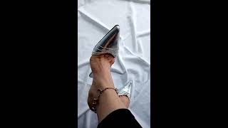 Shoeplay & Dangling Silver Ultra Cleavage Pointed Kitten Heels Mules