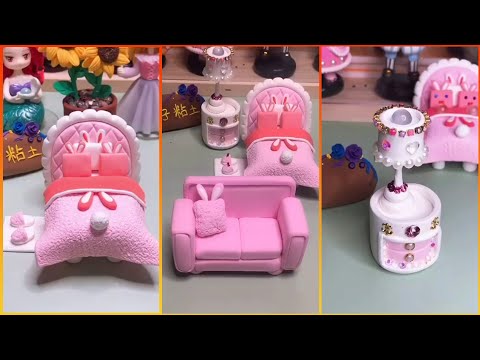 Make cute pink bed, lamp, sofa, coffee table from Clay | Polymer Clay Compilation #11 | Clay Art