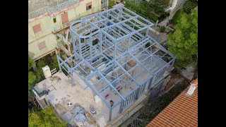 Construction Progress Inspection aerial video of metal structure