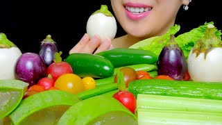RAW VEGGIE PLATTER ASMR (Eggplant, Aloe Vera, Jalapeno, Radish, Celery) | TracyN
