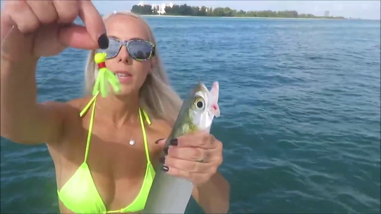Hot girl fishing for Pompano