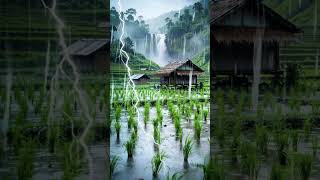 Wooden Huts And The Sound Of Typical Indonesian Rain With Green And Calm Rice Fields