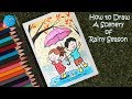 How to Draw Kids Playing in a Rainy Day Easy Rainy Season Scenery Drawing for Kids in Color Pencil