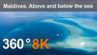 Maldives. Above and below the sea. Aerial and underwater 360  in 8K. Virtual tra