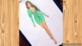 Yeşil mini elbise çizimi / Çok kolay çizim su 💚
