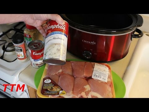 VIDEO : easy chicken crock-pot slow cooker recipe~chicken thighs in cream of mushroom soup - in this easy cooking video, i slow cook some boneless skinlessin this easy cooking video, i slow cook some boneless skinlesschickenthighs, inin t ...