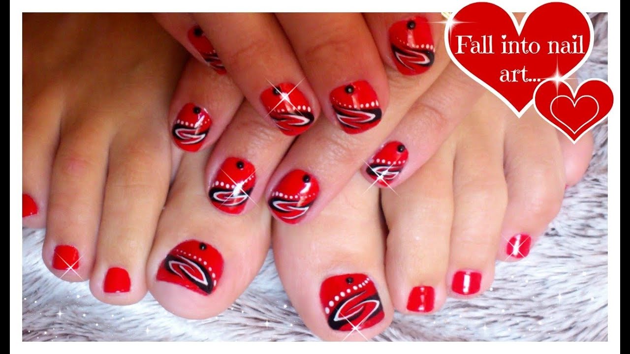 Red Nail Art For Short Nails | Tattoo Nails | Black and White Nail Art