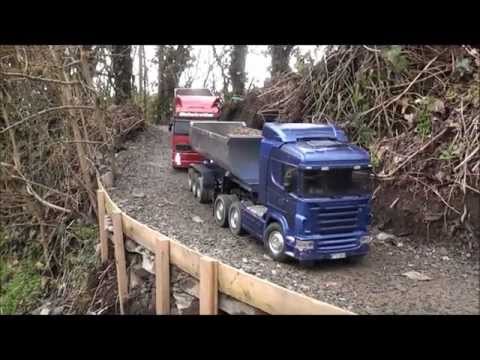 RC Tamiya Scania and Volvo trucks Rc Tamiya 6x4 Scania And Volvo Trucks Hauling Home Made Tri Axle Half Pipe Tipping Trailers